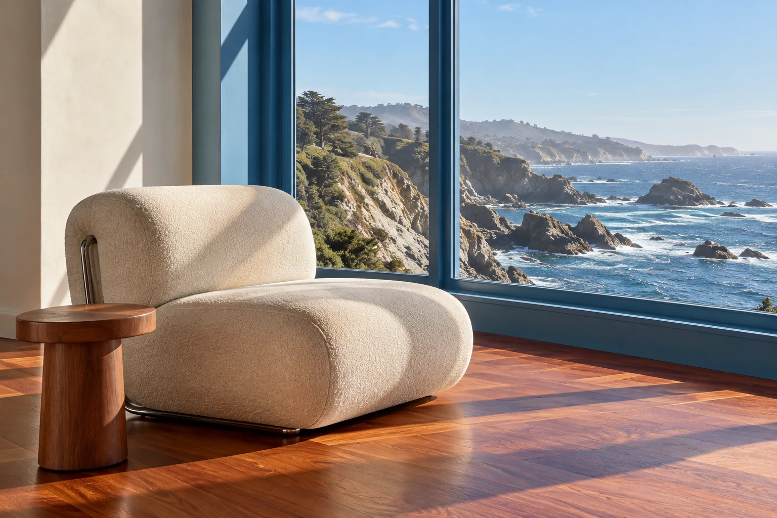 A sunlit lounge corner overlooking the California coastline